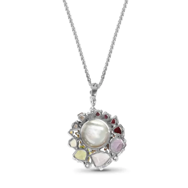 Stephen Dweck Rockrageous Multi-Hued Citrine Rhodolite Garnet Tourmaline Amethyst Sapphire Lavender Moon and Smoky Quartz and Mabe Pearl Pendant in Sterling Silver with 18K Gold and Diamond Flowers< Necklace