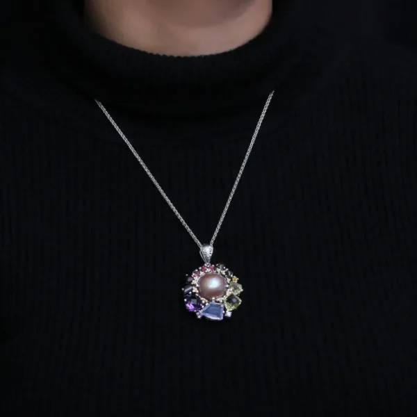 Stephen Dweck Rockrageous Multi-Hued Citrine Rhodolite Garnet Tourmaline Amethyst Sapphire Lavender Moon and Smoky Quartz and Mabe Pearl Pendant in Sterling Silver with 18K Gold and Diamond Flowers< Necklace