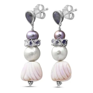 Stephen Dweck TerrAquatic Rainbow Moonstone Multi-Hued Pearl Lavender Moon Quartz and Hand Carved Conch Shell Earrings in Sterling Silver< Earrings