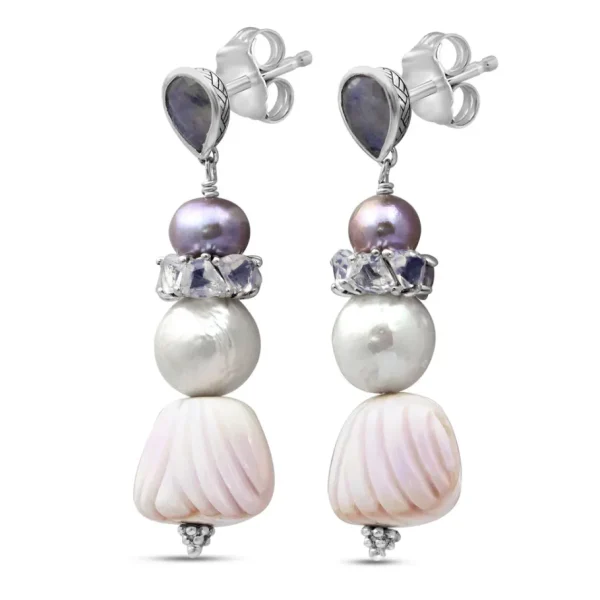 Stephen Dweck TerrAquatic Rainbow Moonstone Multi-Hued Pearl Lavender Moon Quartz and Hand Carved Conch Shell Earrings in Sterling Silver< Earrings