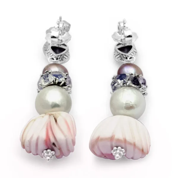 Stephen Dweck TerrAquatic Rainbow Moonstone Multi-Hued Pearl Lavender Moon Quartz and Hand Carved Conch Shell Earrings in Sterling Silver< Earrings
